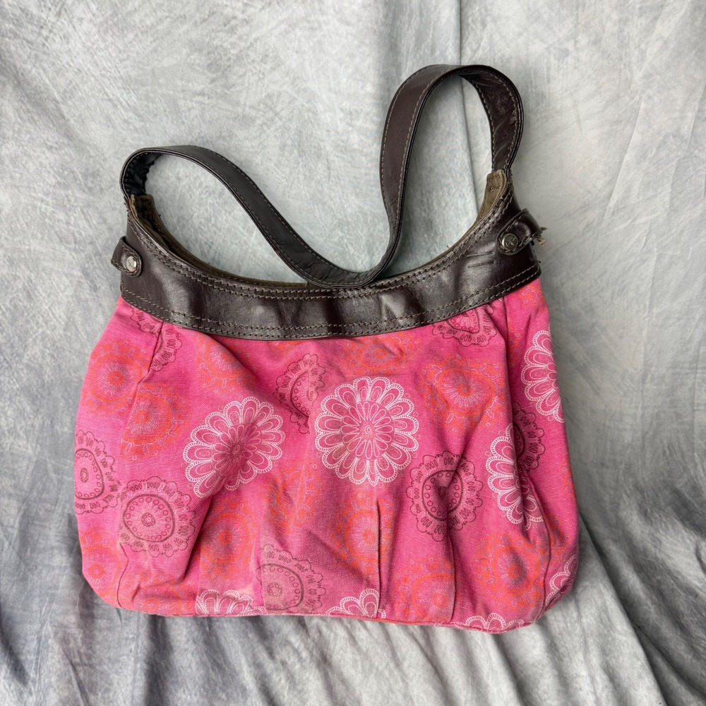 Y2K Pink Floral Canvas Hobo Bag Brown Faux Leather Trim Shoulder Bag Thirty-One